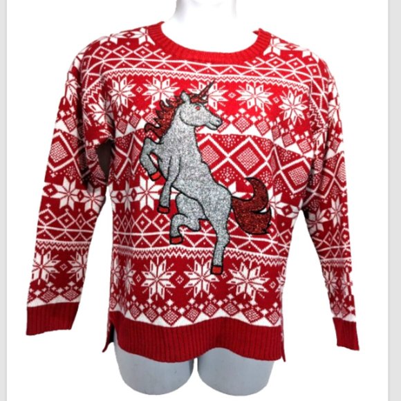 blizzard bay Sweaters - NWOT Blizzard Bay Women's Ugly Christmas Silver Unicorn Sweater Large Red
